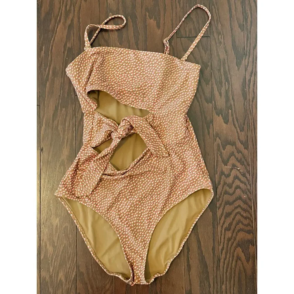 Aerie Wrap Strapless One Piece Swimsuit Brown Pink Dot Print Cutout Tie Front M
